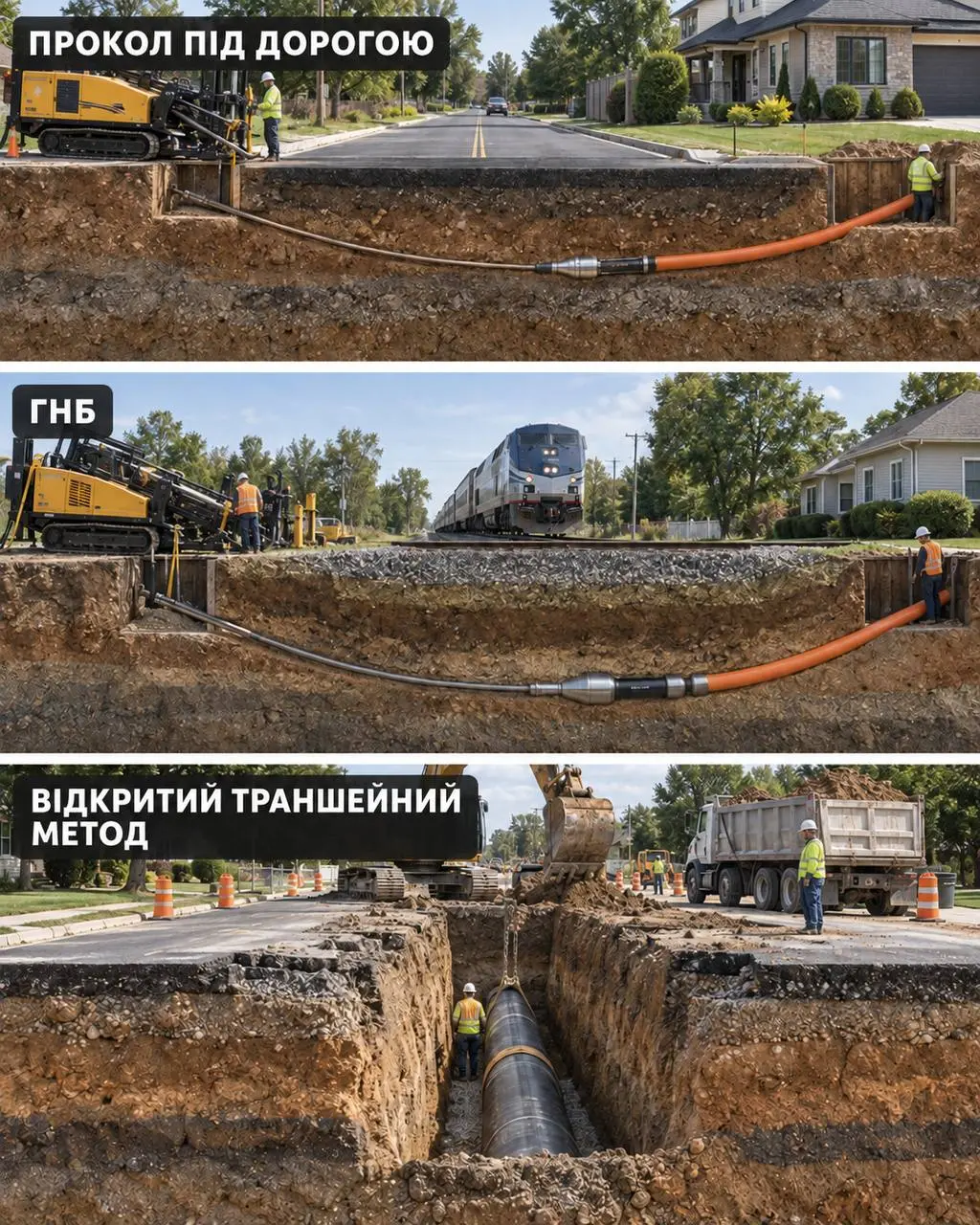 Прокол під дорогою, ГНБ та відкритий траншейний метод
